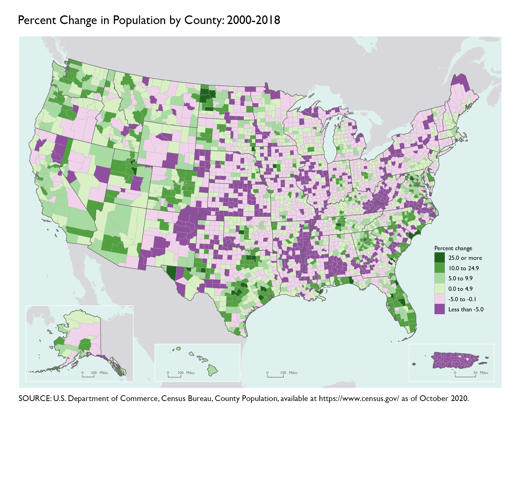 Percent Change In Population By County 2000 2018 Bureau Of Percent Change In Population By County 2000 2018
